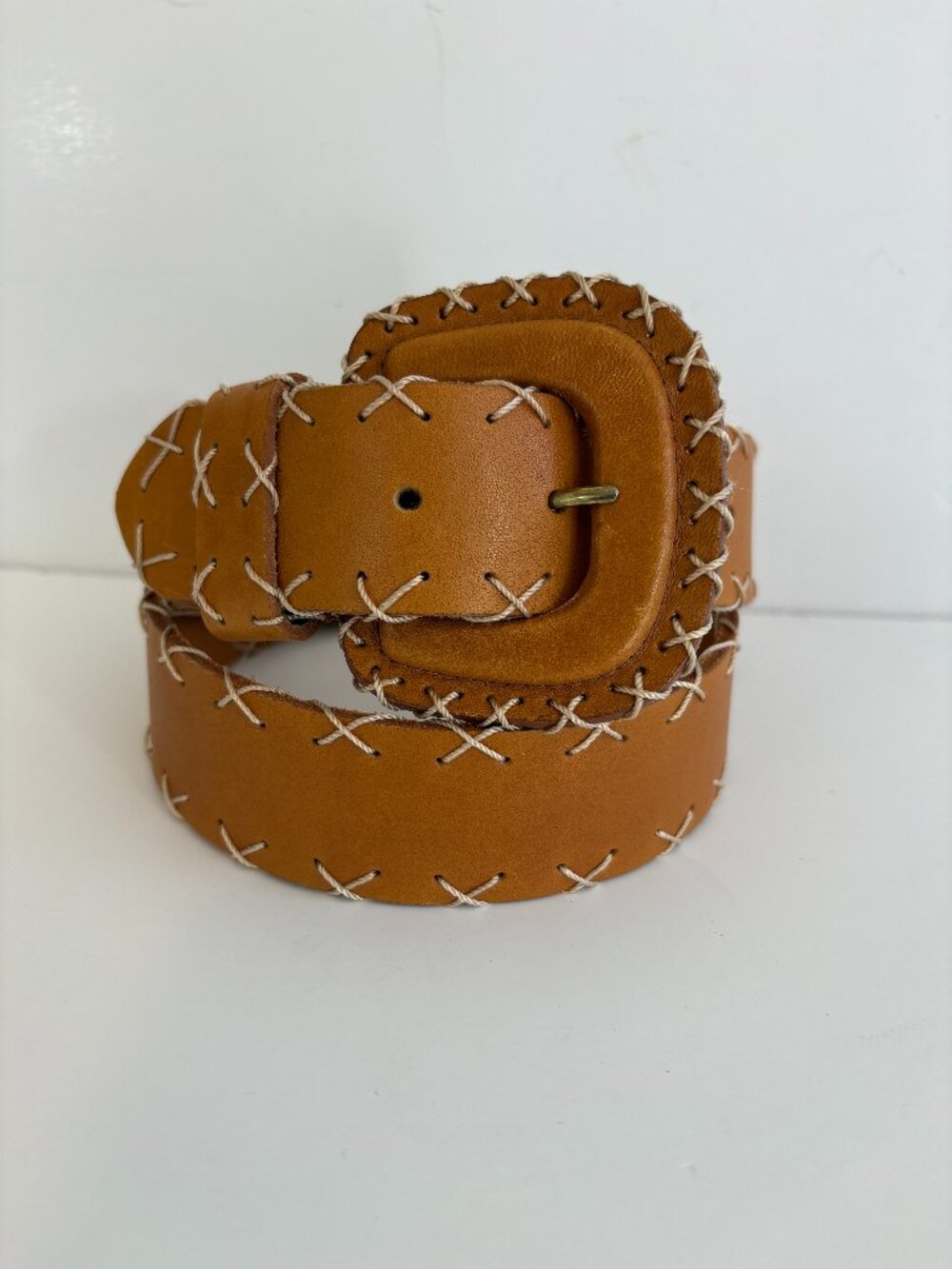 Express Tan Leather Belt Size Medium White Stitching 30"